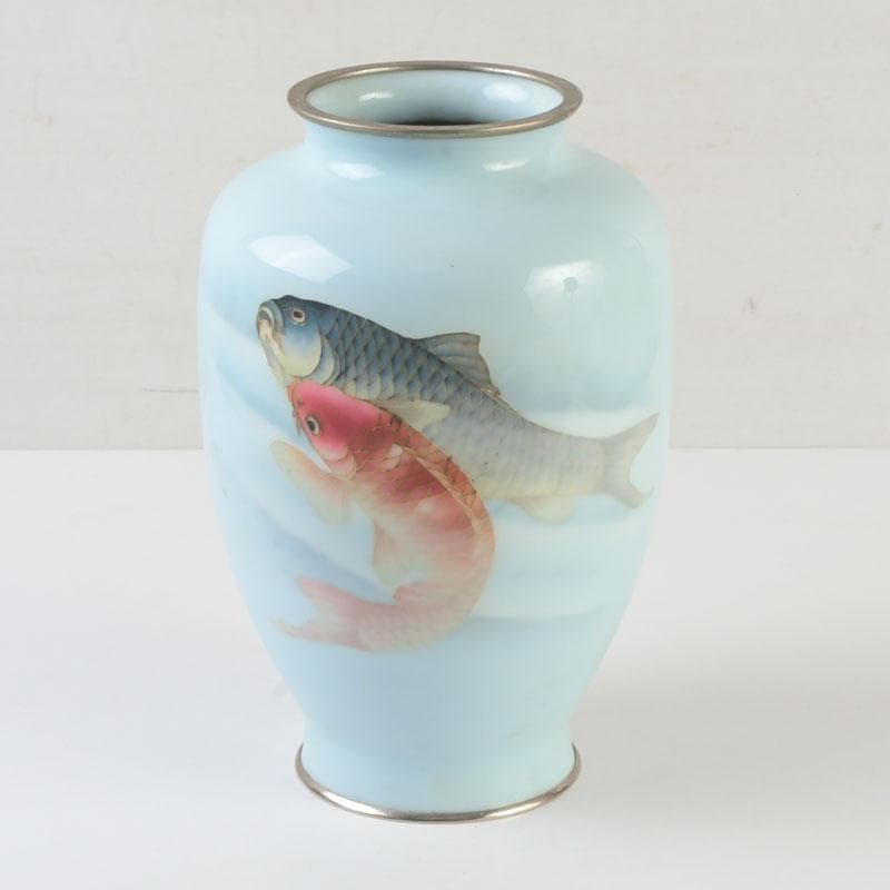 七宝焼　水色釉　双魚文　花瓶　V　9884