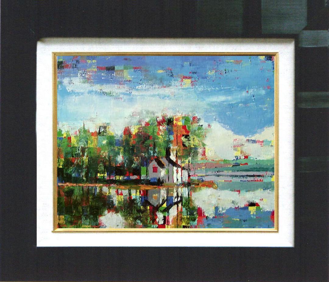 油絵 菅家令子 絵画インテリア額付(青緑＋金色の枠) uF6-062403 風景