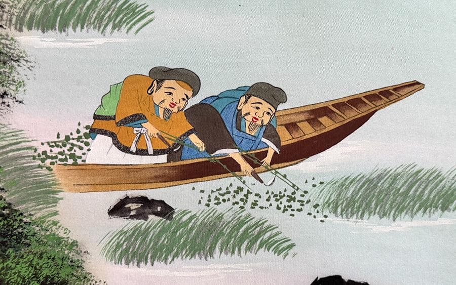 寿山 筆 招福山水画 掛軸 共箱 『 藻をかる 儲かる 』縁起物  金 財運