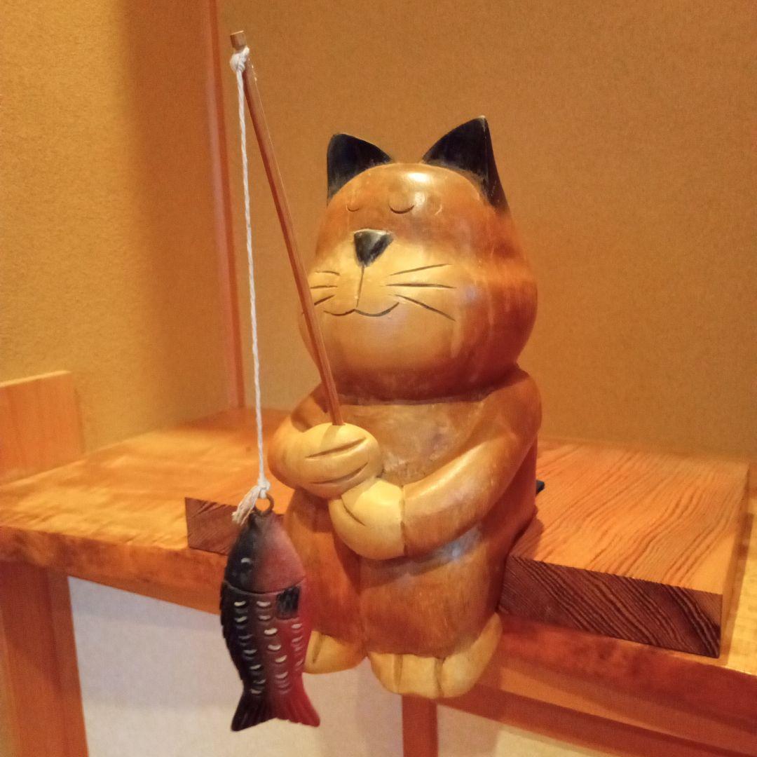 【アンティーク】猫の魚釣り 木彫 ビンテージ