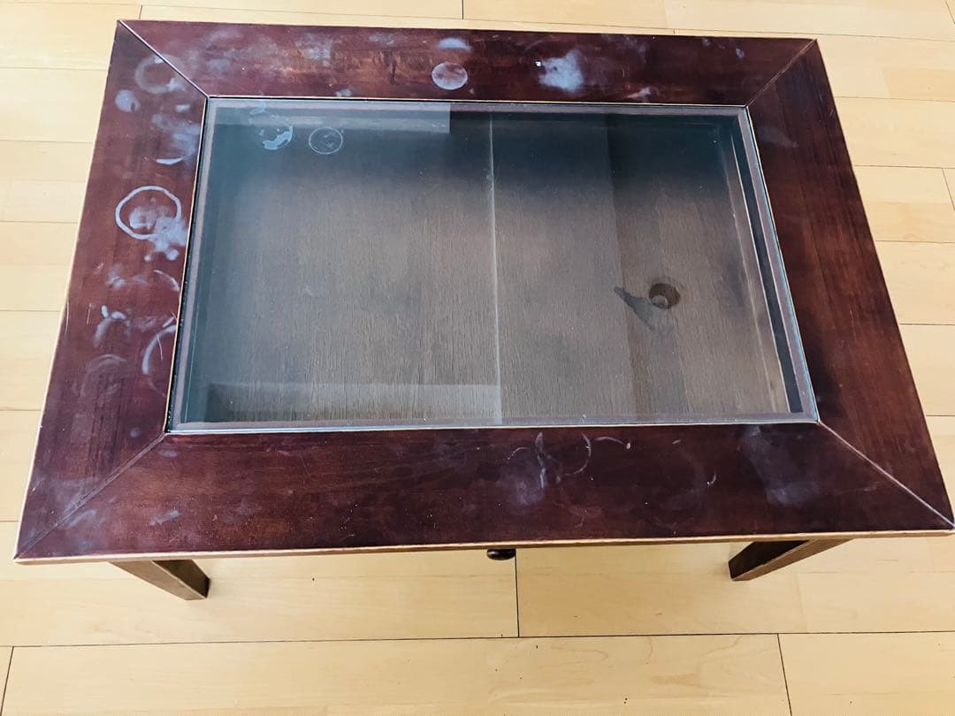 木製引き出し付き座卓 ガラス天板 約90cm x 60cm