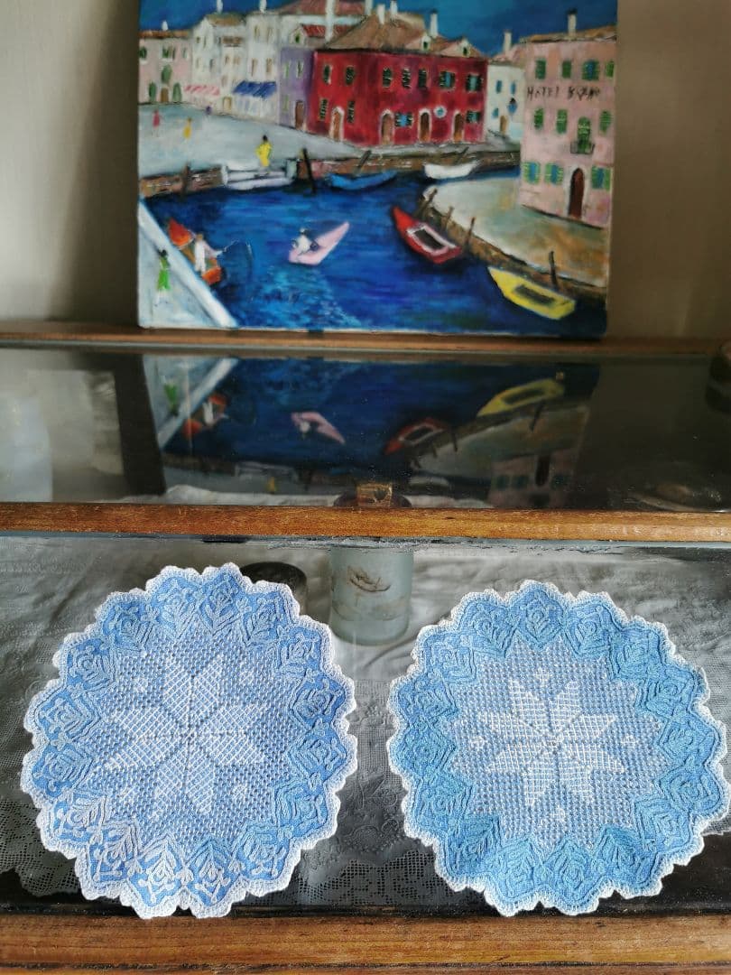 アンティークイタリア インディゴ染 ブラッドレーススカラップドイリー ３枚セット