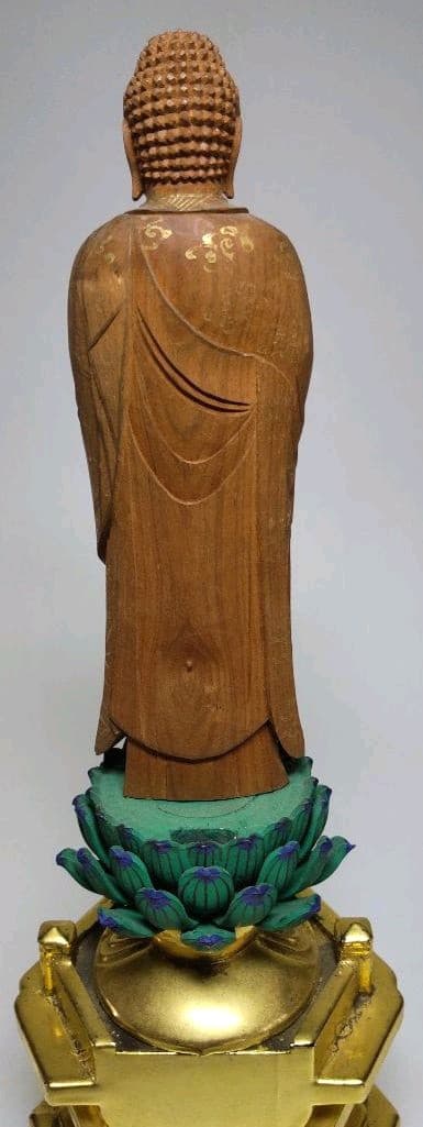 本格手彫り彫刻 阿弥陀如来 純金箔押し六角台座