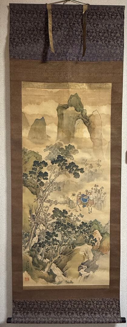 高田竹山筆　檀特山之圖　青緑法　掛軸　共箱　送料込み250902