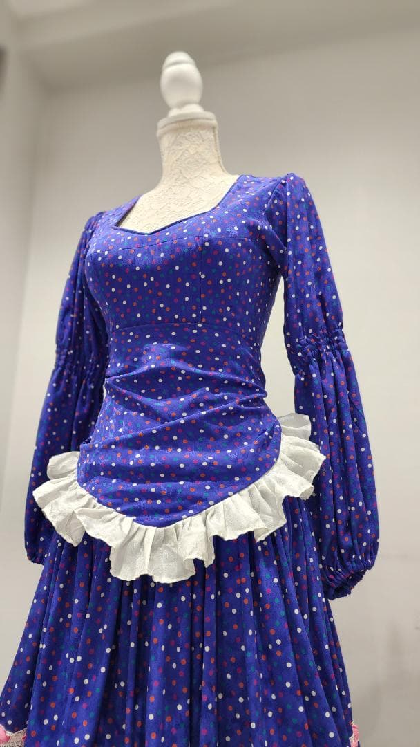 フラメンコドレス 青色 カラフル水玉　シージョ付き（中古）
