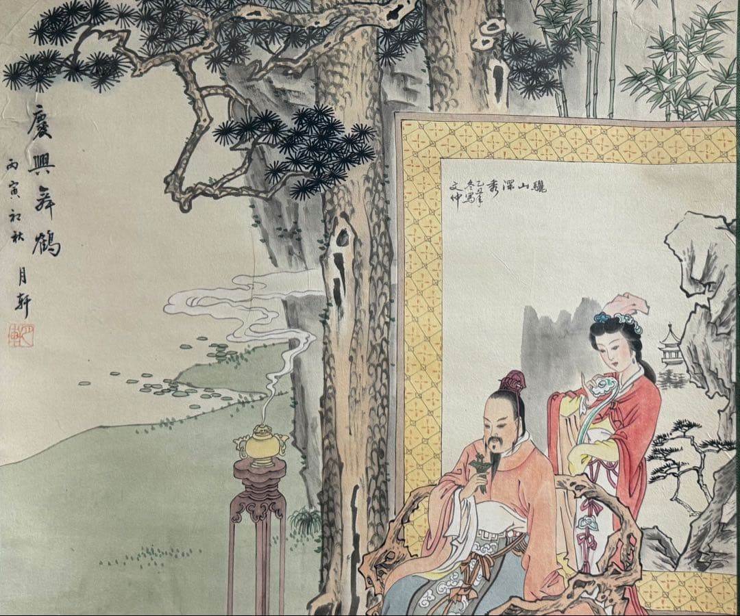 中国　慶興舞鶴　絹本　掛軸　送料込み250702