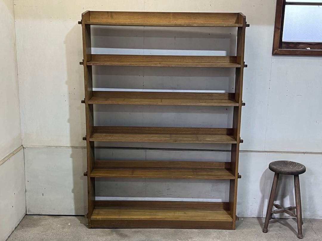 昭和の木製 大型6段薄型シェルフ 楔止 重厚 陳列棚 飾り棚