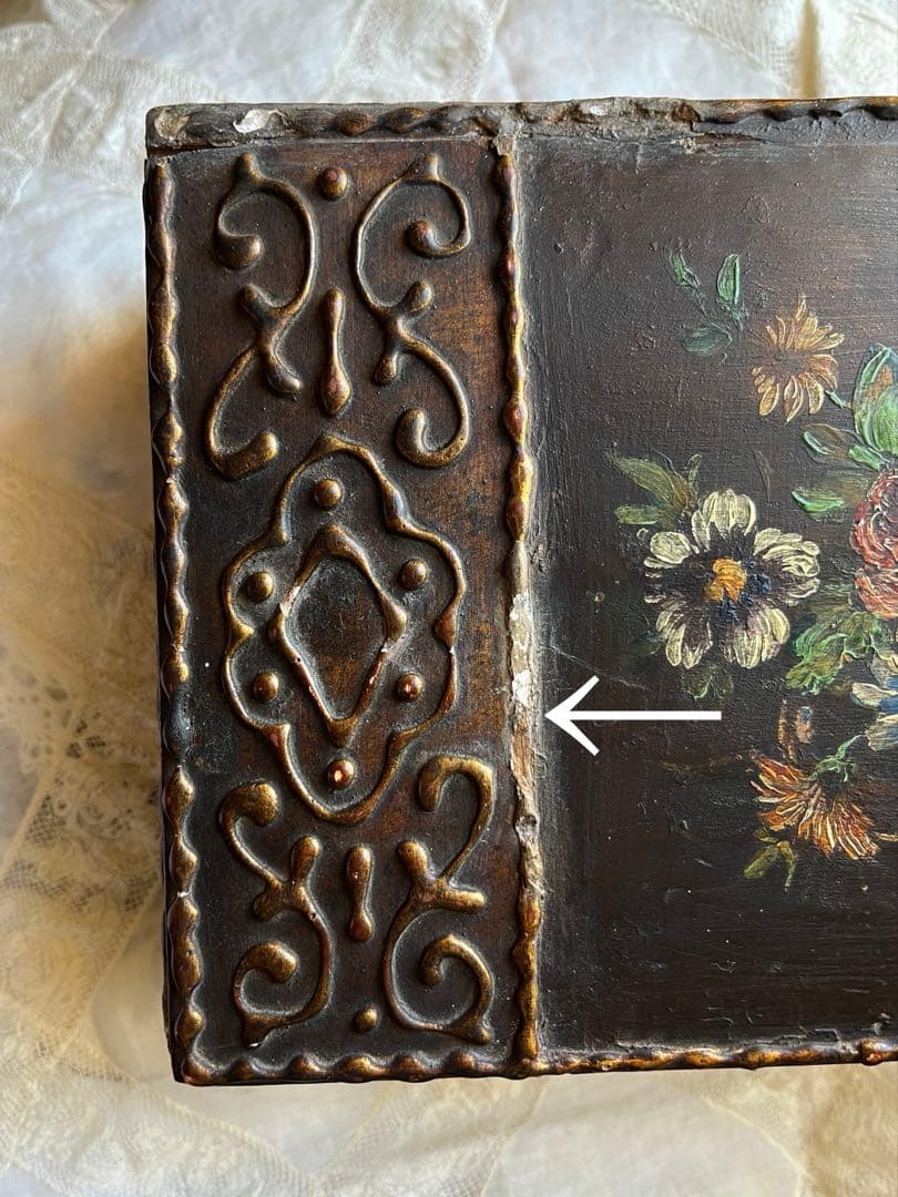 ◆フランスアンティーク｜手作り古い木箱、手書き油絵花小物入れアールヌーボー絵画