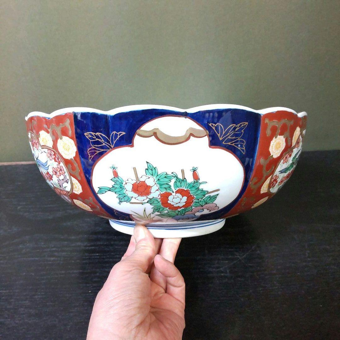 （813）✿有田焼★秀峰作★菊型花鳥絵深鉢★破魔オマケ付き★