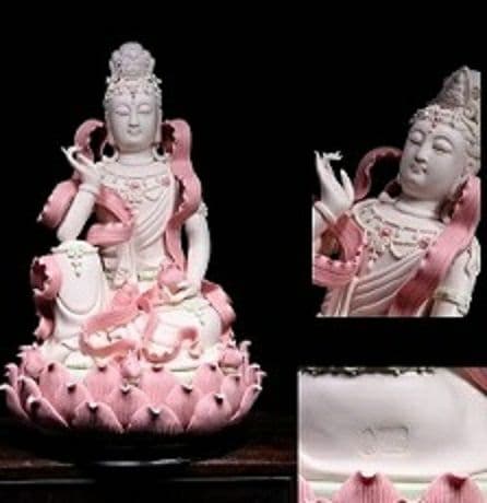 ※中国古美術/彩色蓮上観音菩薩座像/保存箱付/