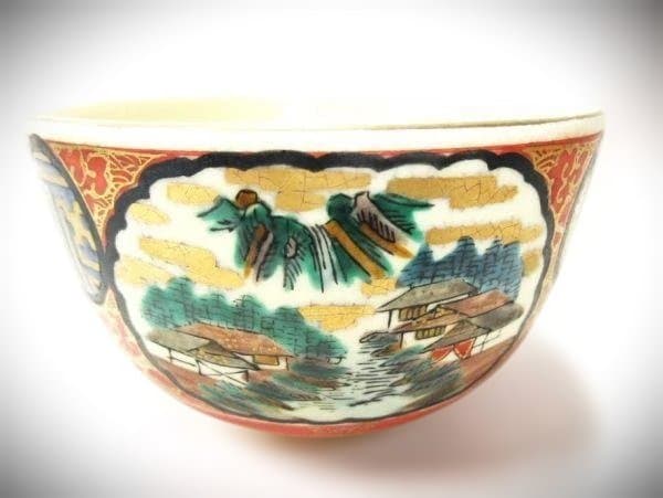 九谷焼 庄三 金彩色絵茶碗 窓絵 古式図 赤絵 茶道具 抹茶茶碗
