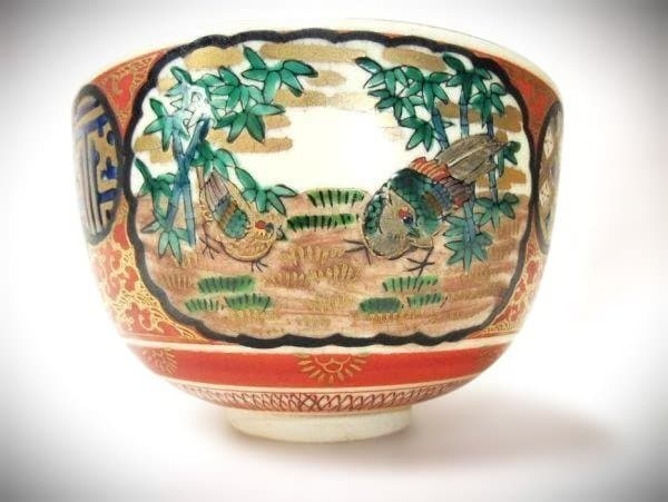 九谷焼 庄三 金彩色絵茶碗 窓絵 古式図 赤絵 茶道具 抹茶茶碗