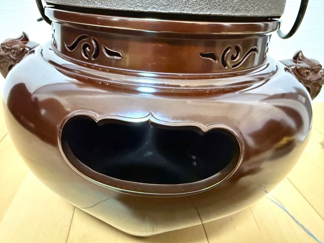 【茶道具】金森紹栄 唐銅鬼面風炉添丸釜 共箱・野々田式電熱器付 美品