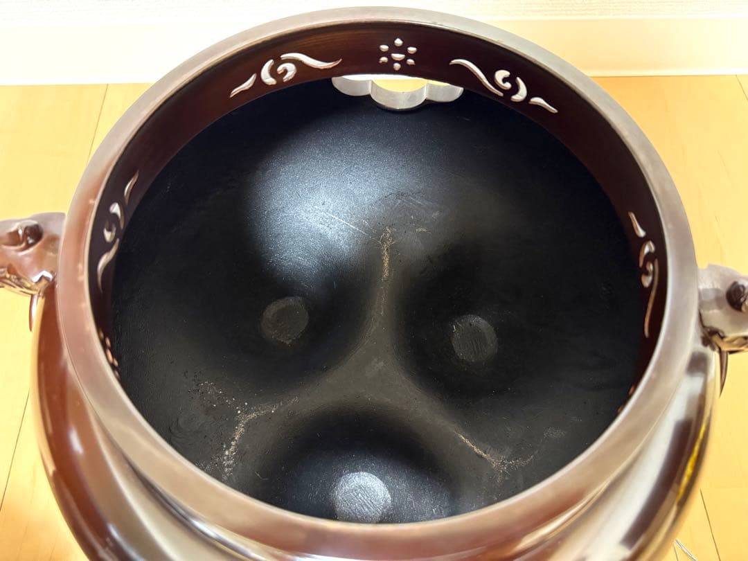 【茶道具】金森紹栄 唐銅鬼面風炉添丸釜 共箱・野々田式電熱器付 美品