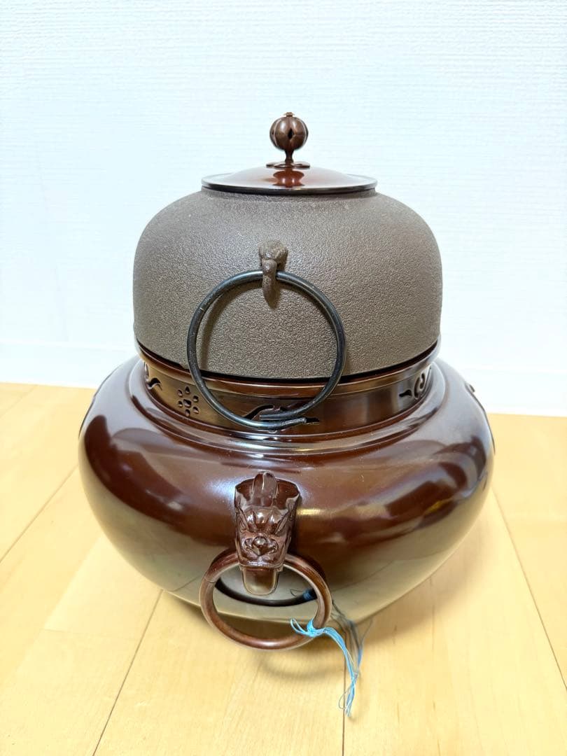 【茶道具】金森紹栄 唐銅鬼面風炉添丸釜 共箱・野々田式電熱器付 美品