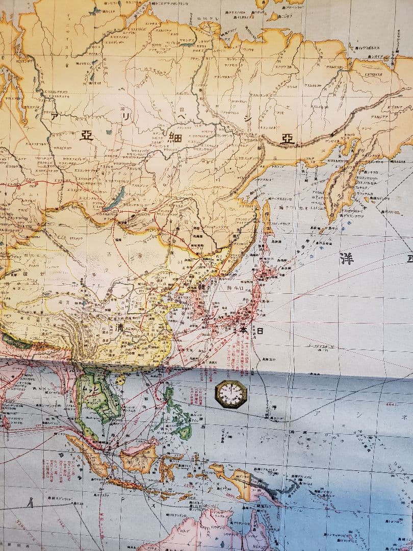 戦前　大地図　世界交通全図　明治42年　大阪毎日新聞社発行　世界地図