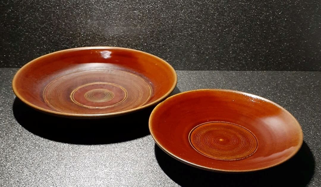 大樋焼　十一代大樋長左衛門　大樋年雄銘　飴釉　菓子皿　大小2客　共箱　茶道具