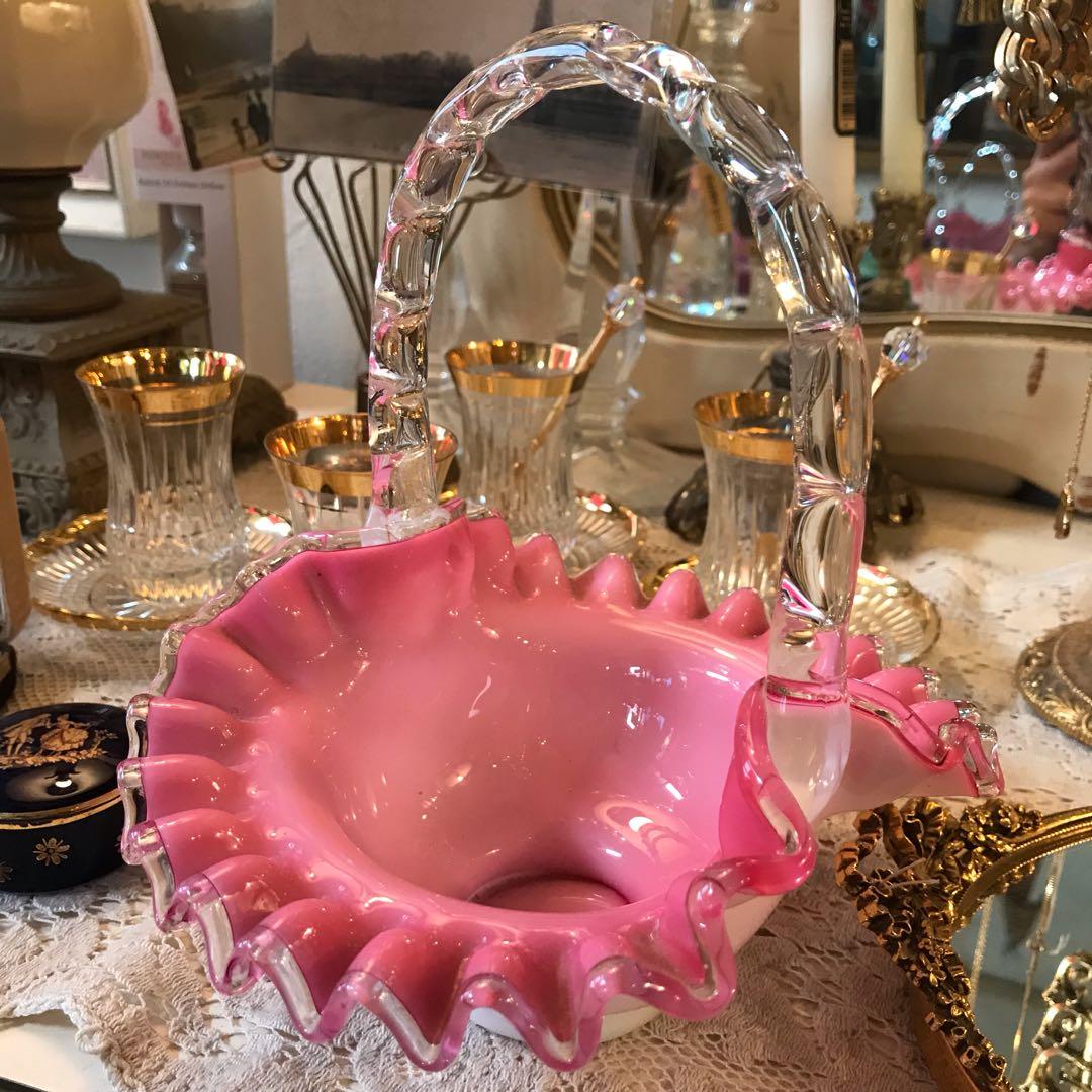 希少！フェントン ピンク色クレストバスケット アンティークfenton アメリカ