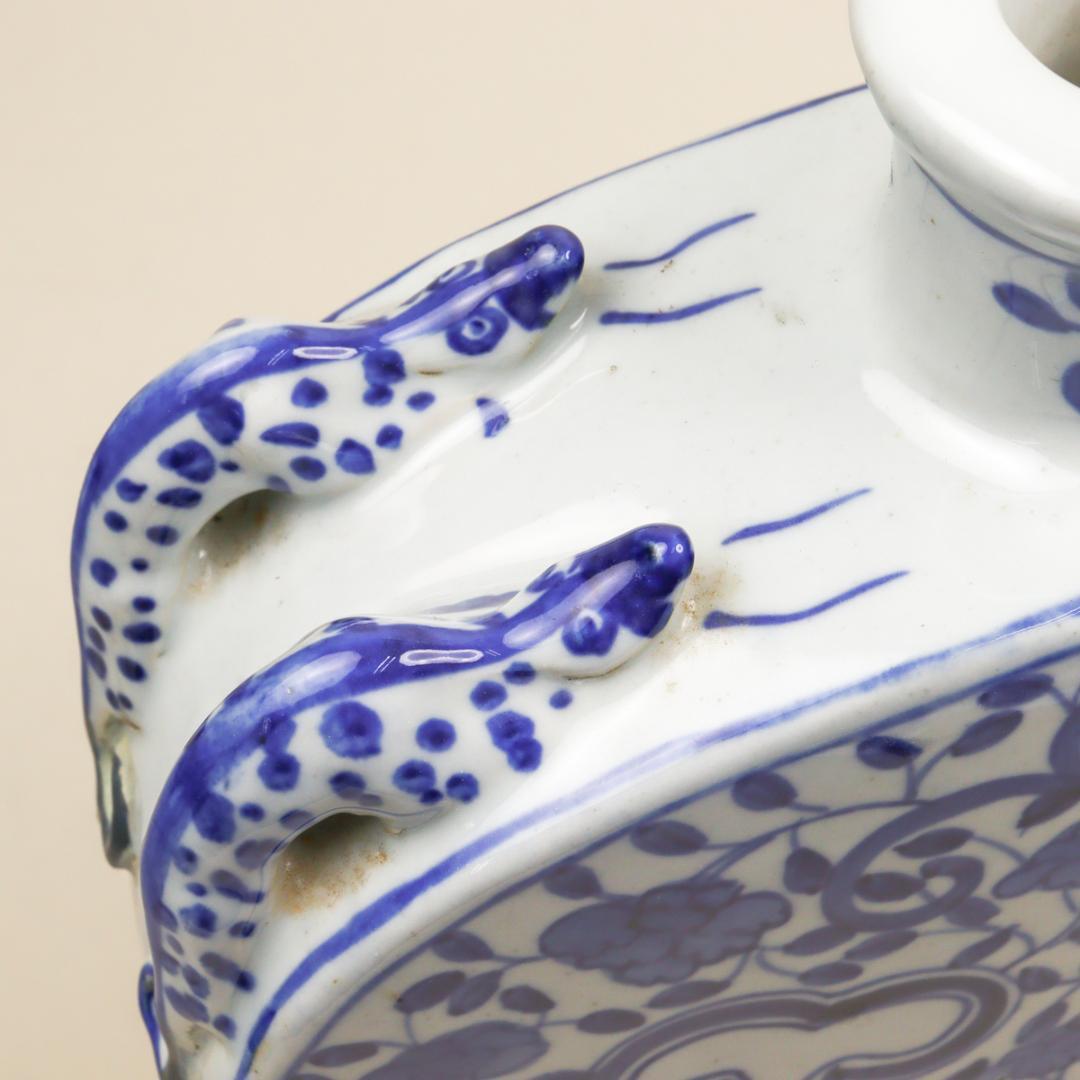 青花瓷 龍鳳凰紋双耳扁壺 飾り壺 花瓶