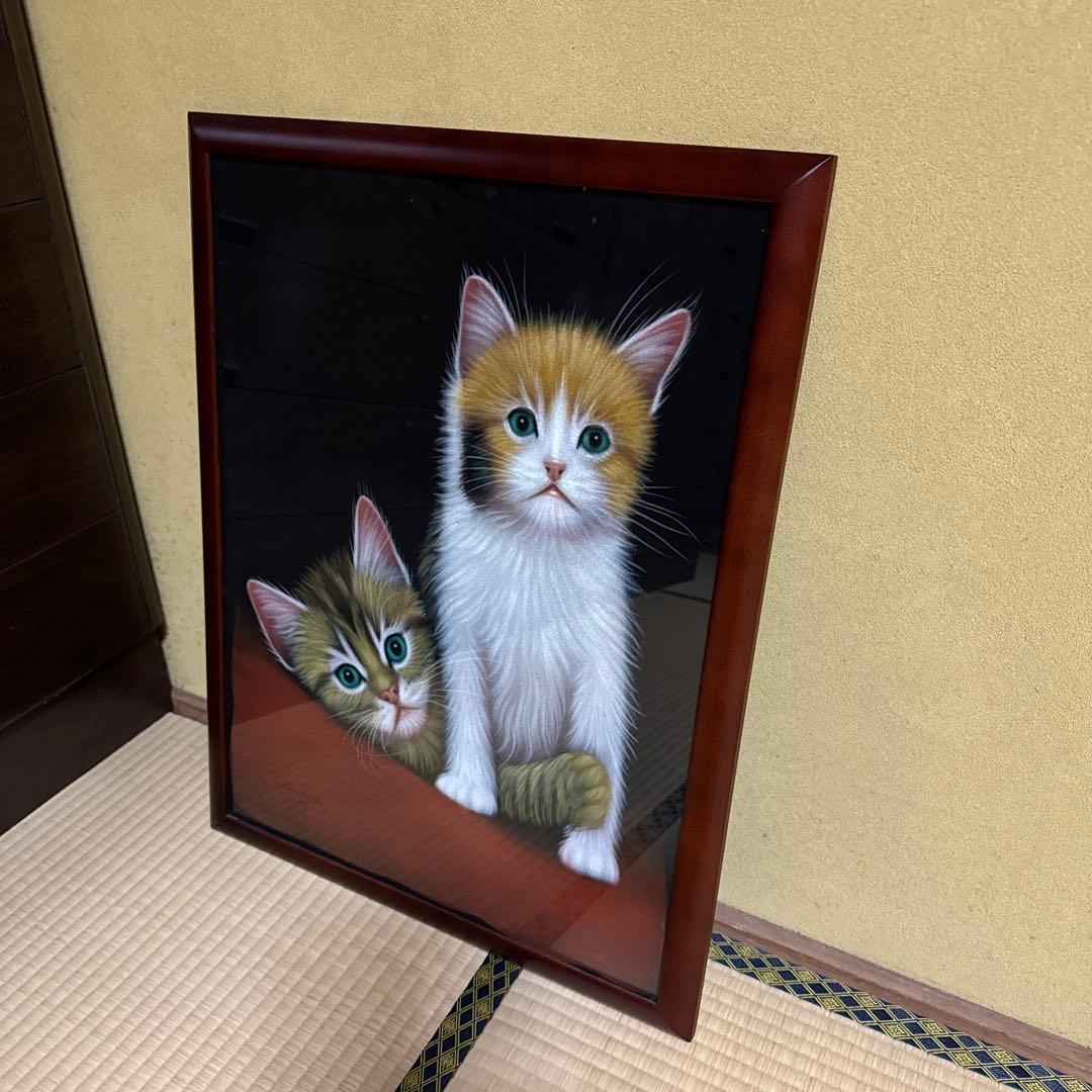 猫の絵画 フレーム付き　昭和レトロ