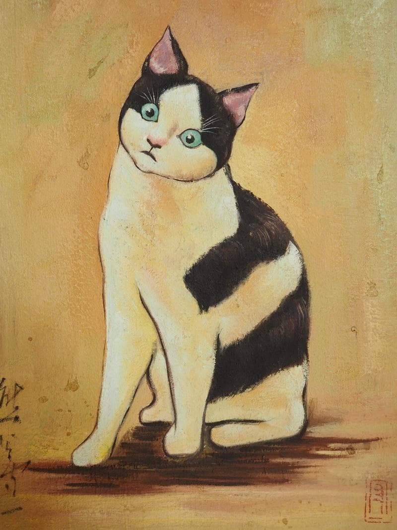 動物像・生物画　油絵　熊谷守一　ねこ　F4　額付き　手描き　肉筆