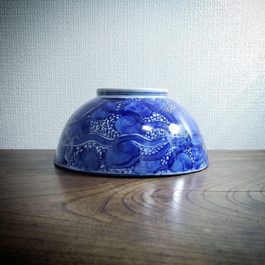 江戸期 染付 龍鳳凰文 大鉢 どんぶり 径19cm 骨董 古伊万里 縁起物