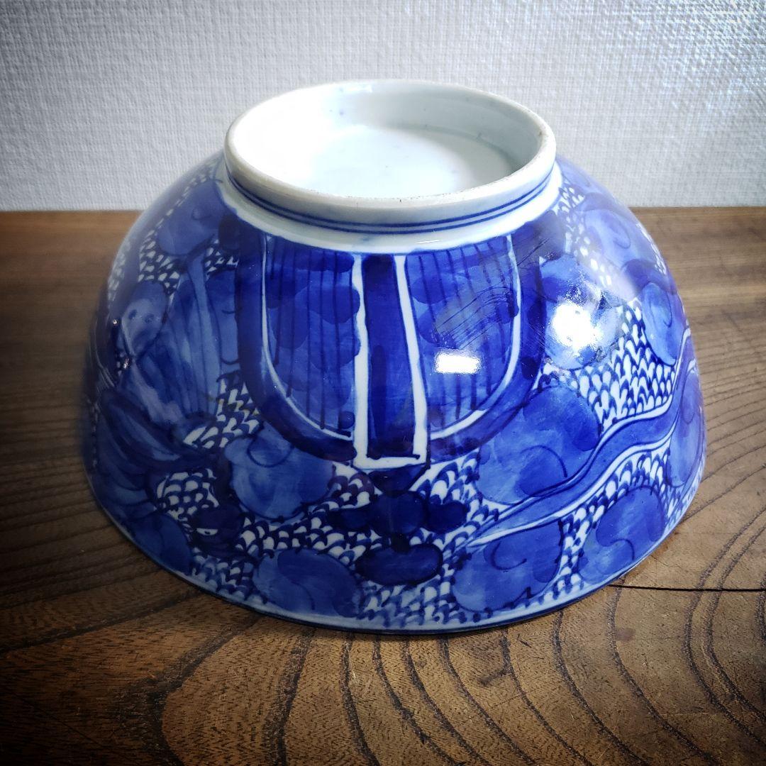 江戸期 染付 龍鳳凰文 大鉢 どんぶり 径19cm 骨董 古伊万里 縁起物