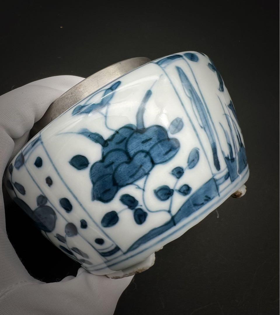 中国美術 古玩 青華染付 花鳥蝶々茶入 茶葉罐　煎茶道具 木箱付き