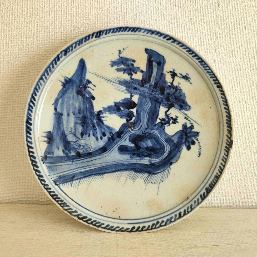 お値下げしました、初期伊万里　染付　蓬莱山　楼閣山水　滝文皿　箱付