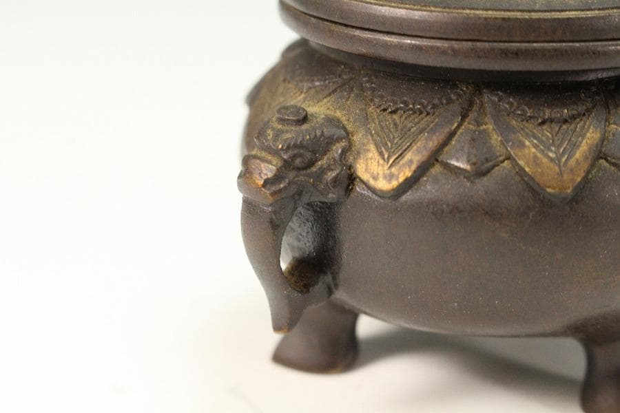 古銅 獅子蓋 小さな香炉 骨董品(K-YC474)
