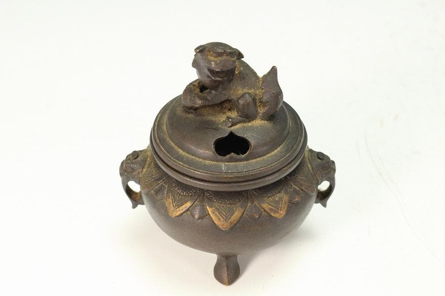 古銅 獅子蓋 小さな香炉 骨董品(K-YC474)