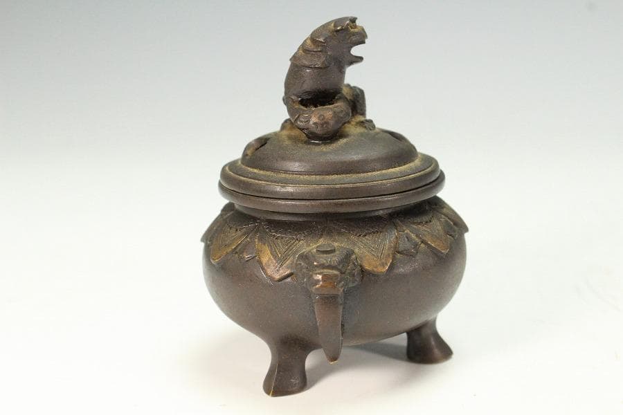 古銅 獅子蓋 小さな香炉 骨董品(K-YC474)