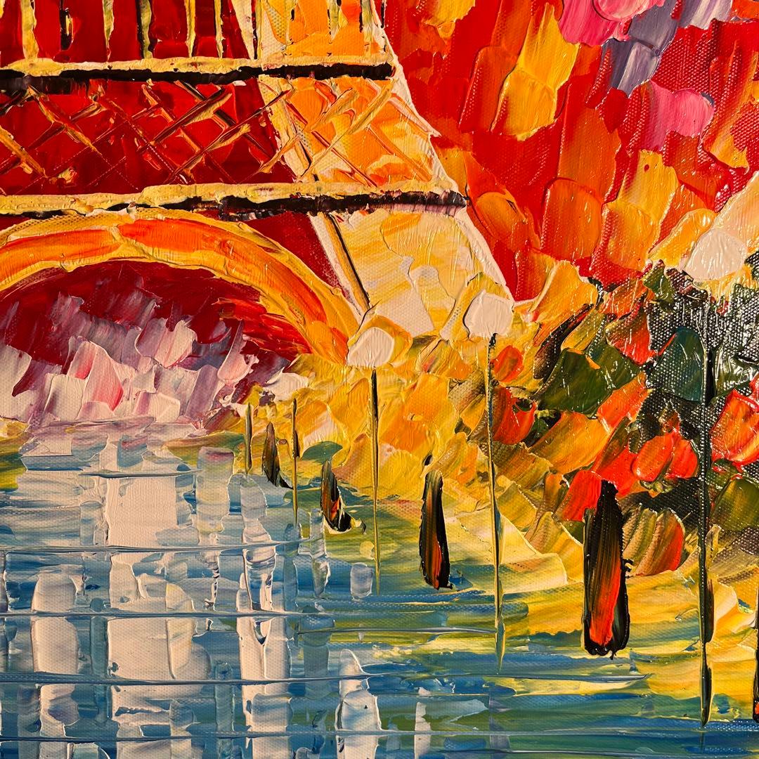 手書き油絵 パリの風景 エッフェル塔 額付 肉筆絵画 インテリア 油彩画