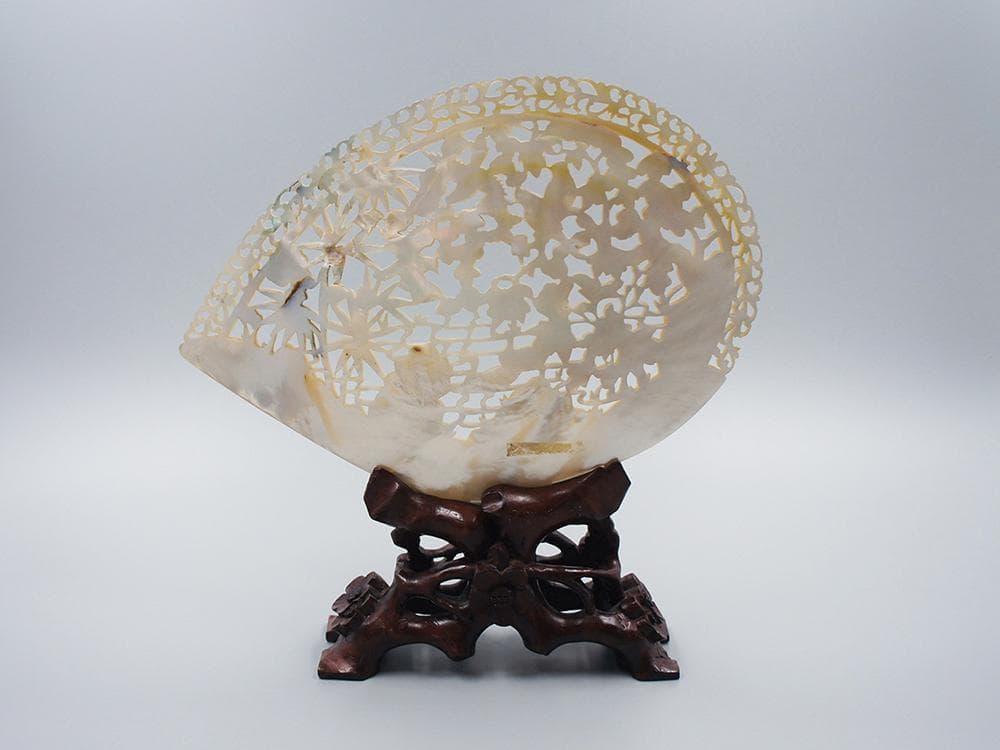 【貝】　★ 文房 貝彫花鳥図擺件 ★　清朝期　竹 牡丹 喜鵲 彫刻文様　雅玩雑項