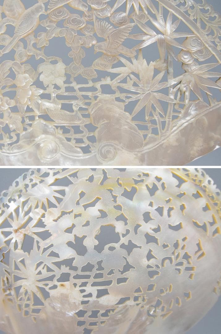 【貝】　★ 文房 貝彫花鳥図擺件 ★　清朝期　竹 牡丹 喜鵲 彫刻文様　雅玩雑項