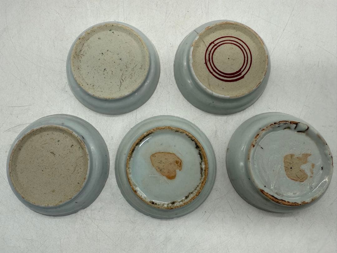 中国　明時代　紅緑彩　元興　寿紋小皿5点　アンティーク　送料込み251022