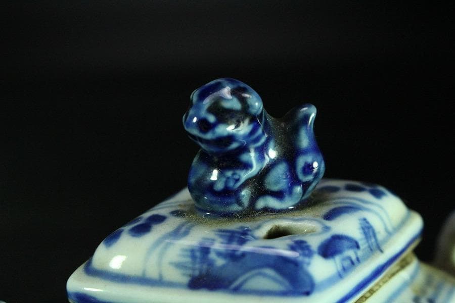 茶道具 青花 獅子蓋 香炉 道八 在銘 高8cm(K-XA787)