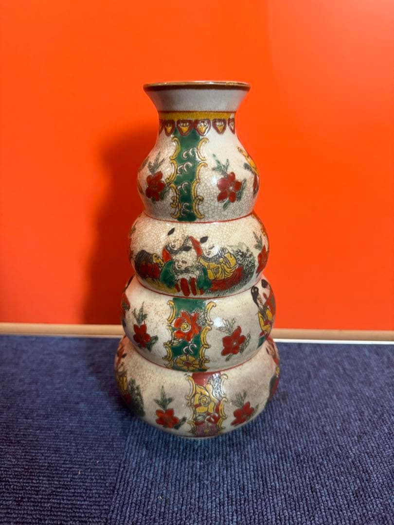 1597 中国骨董　瓢箪型色絵花鳥人物　花瓶