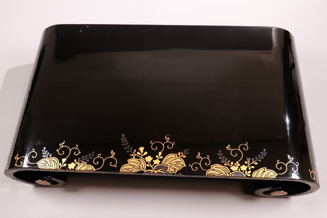 時代 桐蒔絵 黒塗 巻き足 平卓 花台 天然木 木箱入り 唐草【MA371】