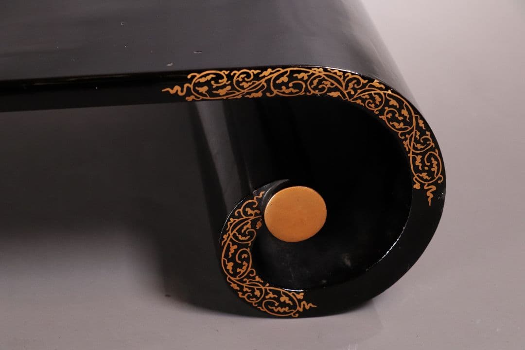 時代 桐蒔絵 黒塗 巻き足 平卓 花台 天然木 木箱入り 唐草【MA371】