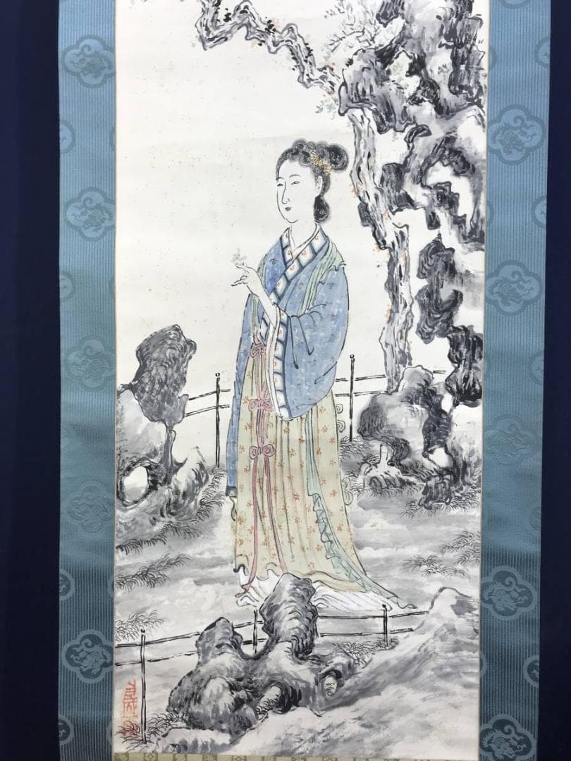 【真作】若狭物外/唐美人春秋図/美人画/掛軸/名家伝来/AD-657