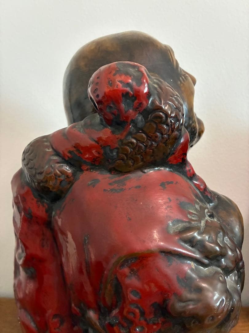 骨董 時代 布袋様 40㎝ 在銘 陶器 色彩 龍 置物 縁起物 招福 昭和