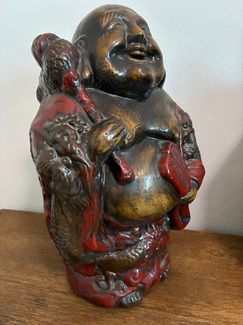 骨董 時代 布袋様 40㎝ 在銘 陶器 色彩 龍 置物 縁起物 招福 昭和
