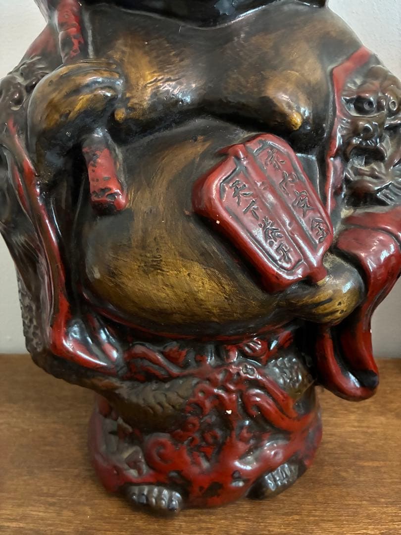 骨董 時代 布袋様 40㎝ 在銘 陶器 色彩 龍 置物 縁起物 招福 昭和