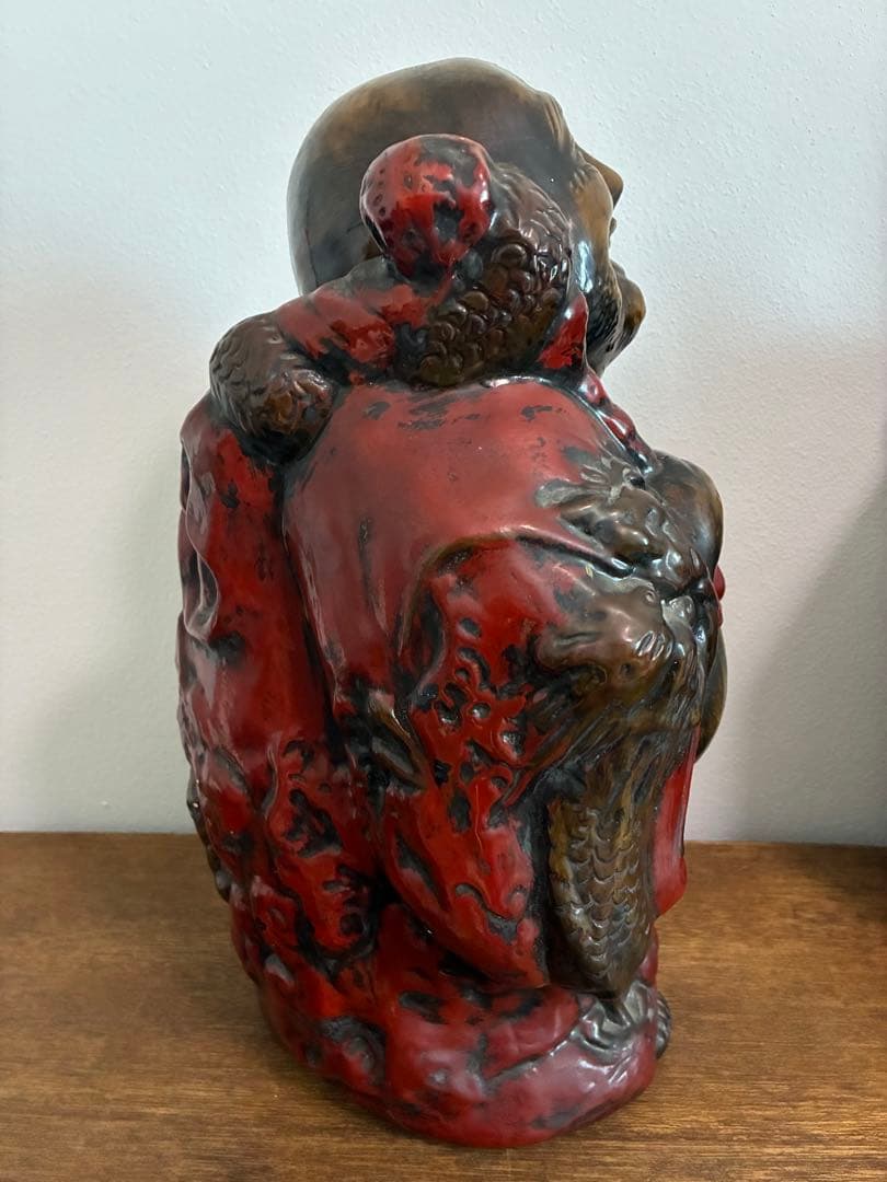 骨董 時代 布袋様 40㎝ 在銘 陶器 色彩 龍 置物 縁起物 招福 昭和