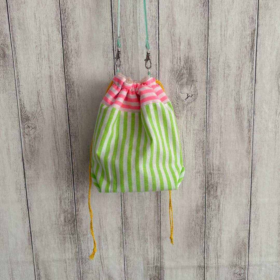 フクモモ仲良し巾着ポーチ　蛍光ストライプ②