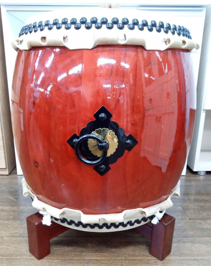 長胴太鼓　宮太鼓　和太鼓　巻き耳　1.5尺　台座　バチ付き　祭り　盆踊り