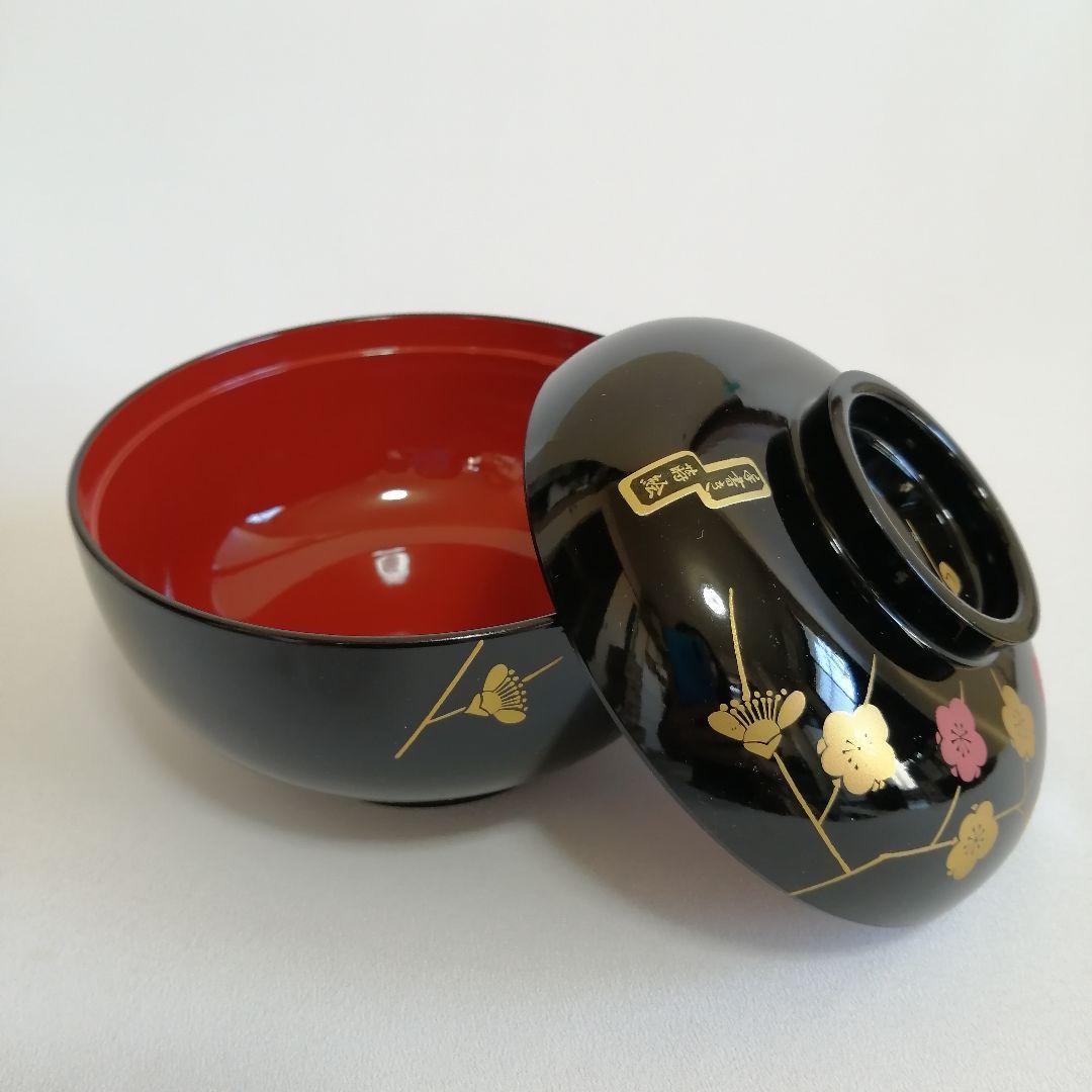 会津塗 木製漆器 蓋つき お好み椀×5個 梅蒔絵 汁椀 雑煮椀
