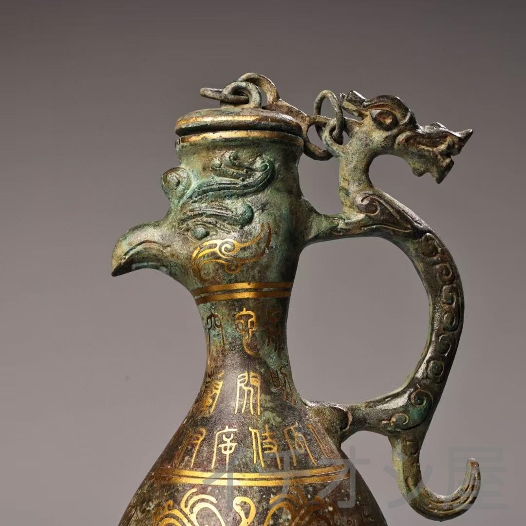 中国古美術 旧藏 錯金青銅器 烏壺 一対 時代物 骨董 花器 飾壺 青銅工芸