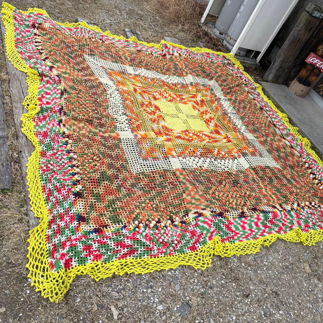 【USA vintage】グラニーブランケット　特大 透かし編み ベッドカバー